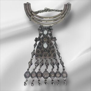 Vintage Large Statement Runway Necklace Silver Tone Crystal Boho Tribal Chic VTG